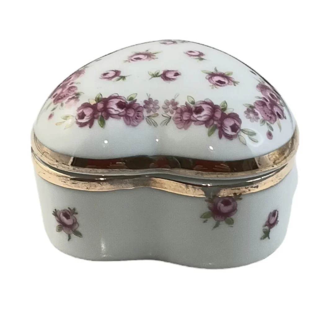 Lefton Heart Shaped Trinket Box Pink Flowers Gold Trim Jewlery Box
